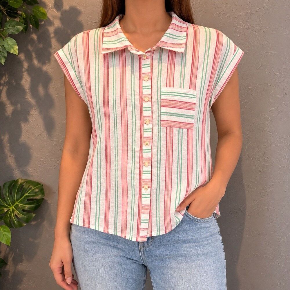 Style & Co Boho Preppy Summer Casual Pink Green Striped Cotton